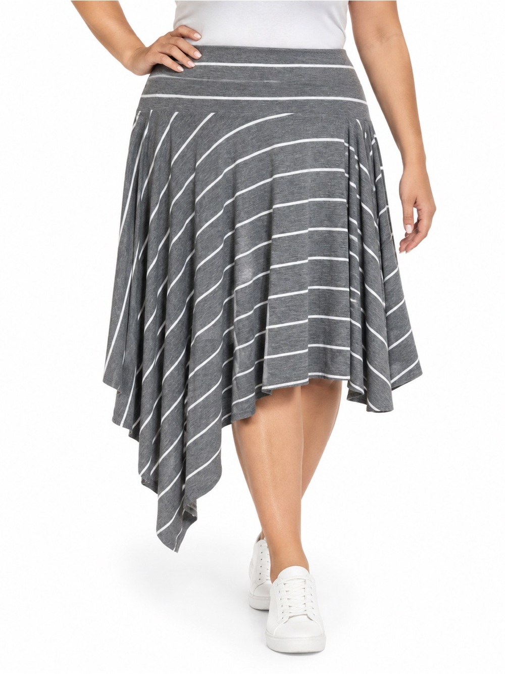NWT Torrid 1X Grey White Striped Asymmetrical Sharkbite Hem Midi Skirt Plus Size